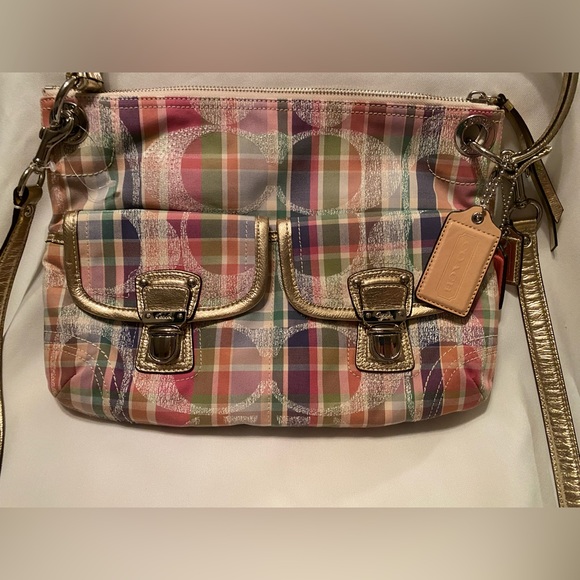 💜HP💜 Retired NWOT Coach Poppy Madras Plaid Sequined Pink Colorful Plaid Metallic - Picture 10 of 17